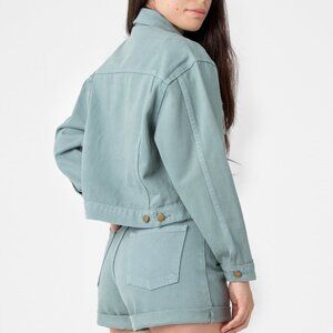 Los Angeles Apparel Cropped Bull Denim Jacket - light blue-green garment dye